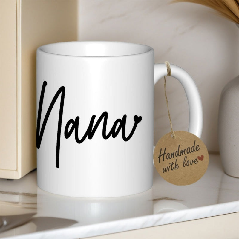 Tailorly White Ceramic 11 oz Mug - Nana Elegant Handwritten Script Featuring A Small Minimalist Heart Mug