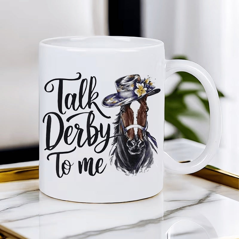 Tailorly White Ceramic 11 oz Mug - Talk Derby To Me Majestic Brown Horse Wearing Elegant Floral Derby Hat With Graceful Mane Horse