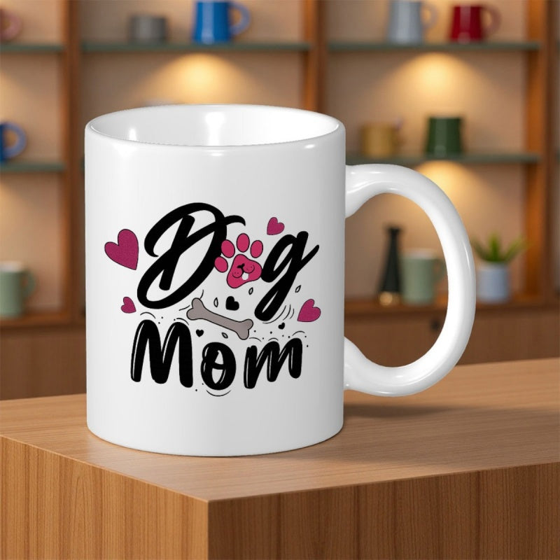 Tailorly White Ceramic 11 oz Mug - Dog Mom Hearts And Paw Print With Bone In Playful Style Design