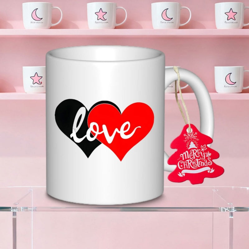Tailorly White Ceramic 11 oz Mug - Love Two Overlapping Hearts In Bold Black And Red Colors Heart