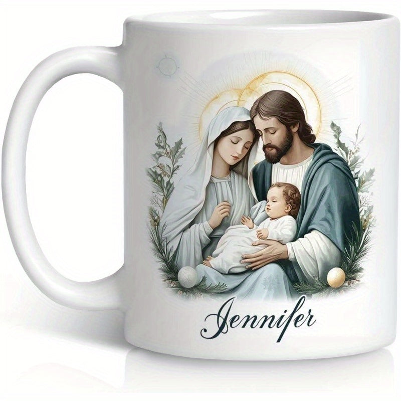 Tailorly White Ceramic 11 oz Mug - Jennifer Serene Holy Family Among Radiant Halos And Soft Green Leaves Nativity