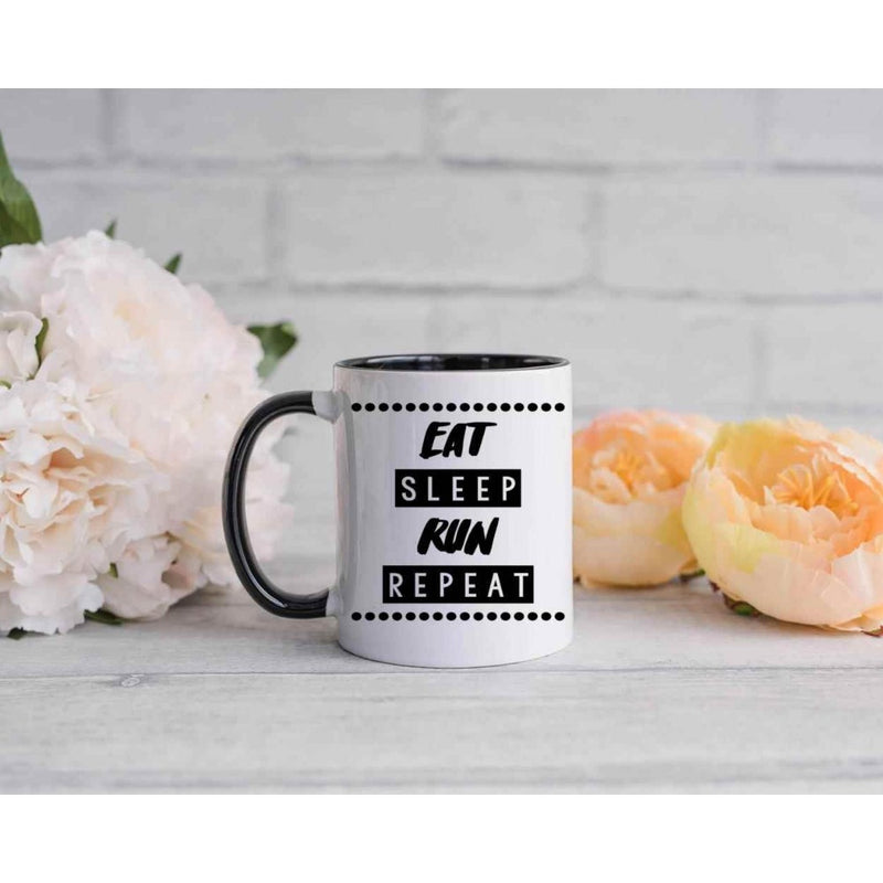 Tailorly Black Accent 11 oz Mug - Inspirational Runner text "Run Repeat"