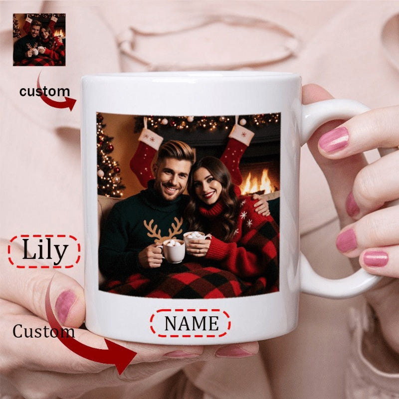 Tailorly White Ceramic 11 oz Mug - Lily Happy Couple Sitting By A Glowing Warm Festive Holiday Fireplace Portrait
