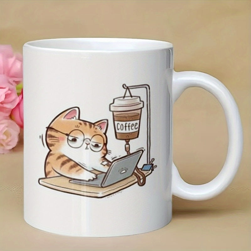 Tailorly White Ceramic 11 oz Mug - Coffee Funny Tabby Wearing Glasses Typing On Laptop With Coffee IV Drip Stand Cat