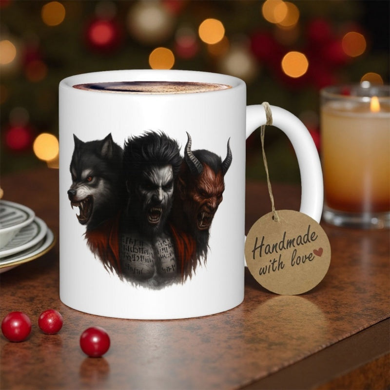 Tailorly White Ceramic 11 oz Mug - Fierce Snarling Wolf Alongside Dark Mythical Warrior And Red Horned Demon Beast