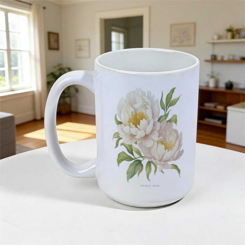 Tailorly White Ceramic 11 oz Mug - Elegant White Peonies Blooming Gracefully Among Lush Green Foliage Vintage Botanical Peony