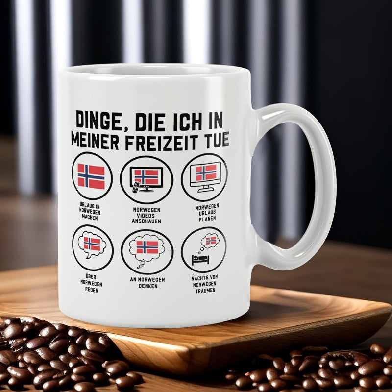 Tailorly White Ceramic 11 oz Mug - Minimalist Circular Icons Showcasing Various Activities Related To National Travel Destination Norway Flag