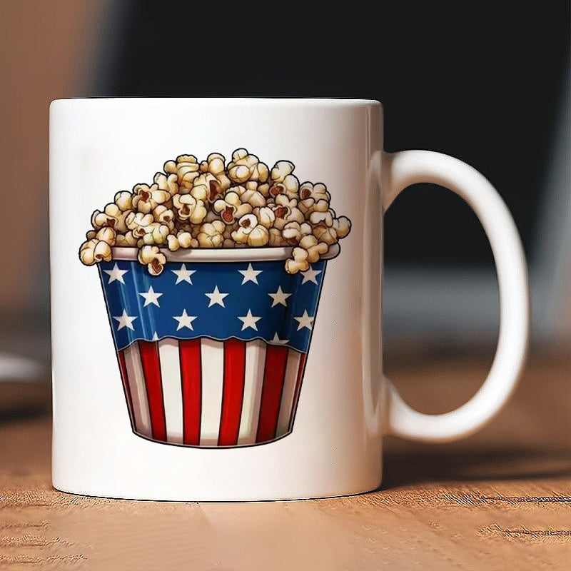 Tailorly White Ceramic 11 oz Mug - Patriotic American Flag Pattern Bucket Overflowing With Delicious Buttered Movie Theater Popcorn