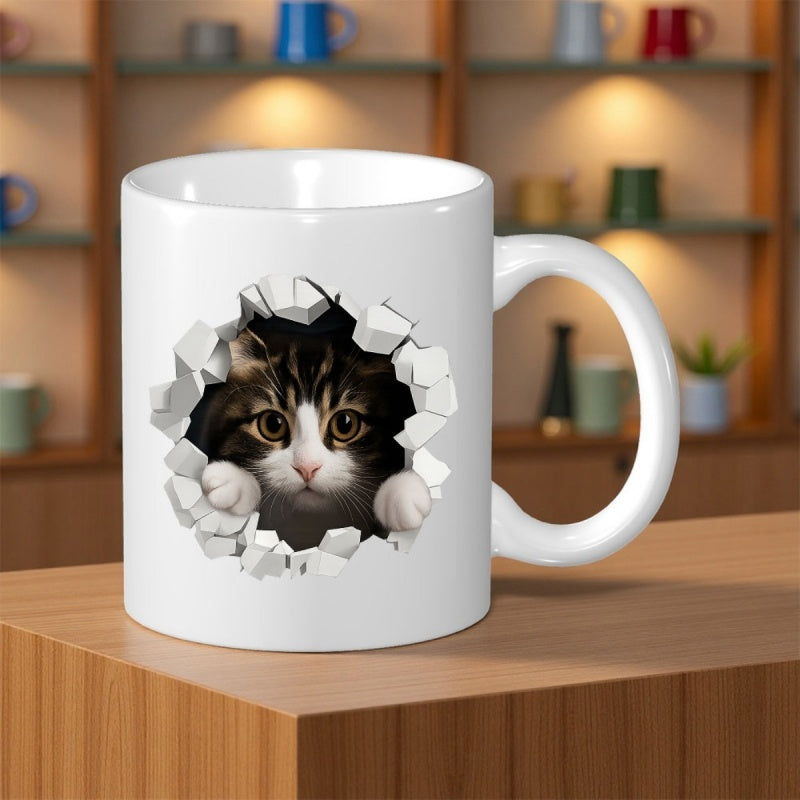 Tailorly White Ceramic 11 oz Mug - Adorable Fluffy Tabby Peeking Out From A Realistic Cracked Stone Wall Cat