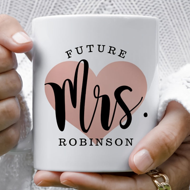 Tailorly White Ceramic 11 oz Mug - Future Mrs Robinson Minimalist Pink Heart Background With Elegant Script And Bold Serif Heart