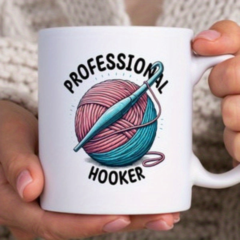Tailorly White Ceramic 11 oz Mug - Professional Hooker Vibrant Pink And Teal Sphere Pierced By A Blue Crochet Hook