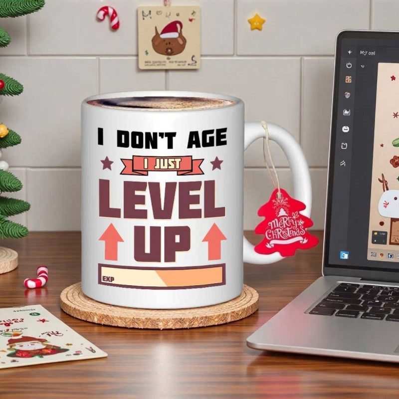 Tailorly White Ceramic 11 oz Mug - I Don't Age I Just Level Up Featuring Retro Gaming Interface With Progress Bar And Directional Arrows Gamer