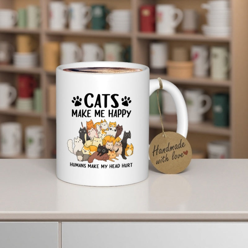 Tailorly White Ceramic 11 oz Mug - Cats Make Me Happy Humans Make My Head Hurt Playful Group Of Cartoon Kitties Resting Together In Pile Cat