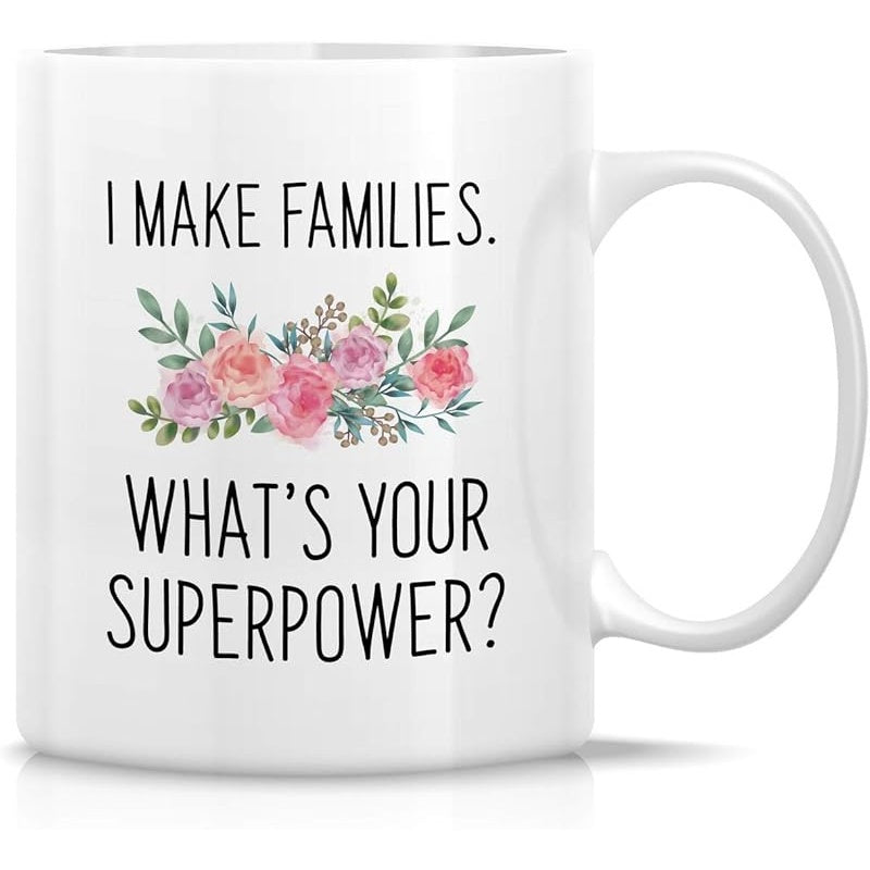 Tailorly White Ceramic 11 oz Mug - I Make Families Whats Your Superpower Delicate Watercolor Pink Roses Among Green Leaves Rose