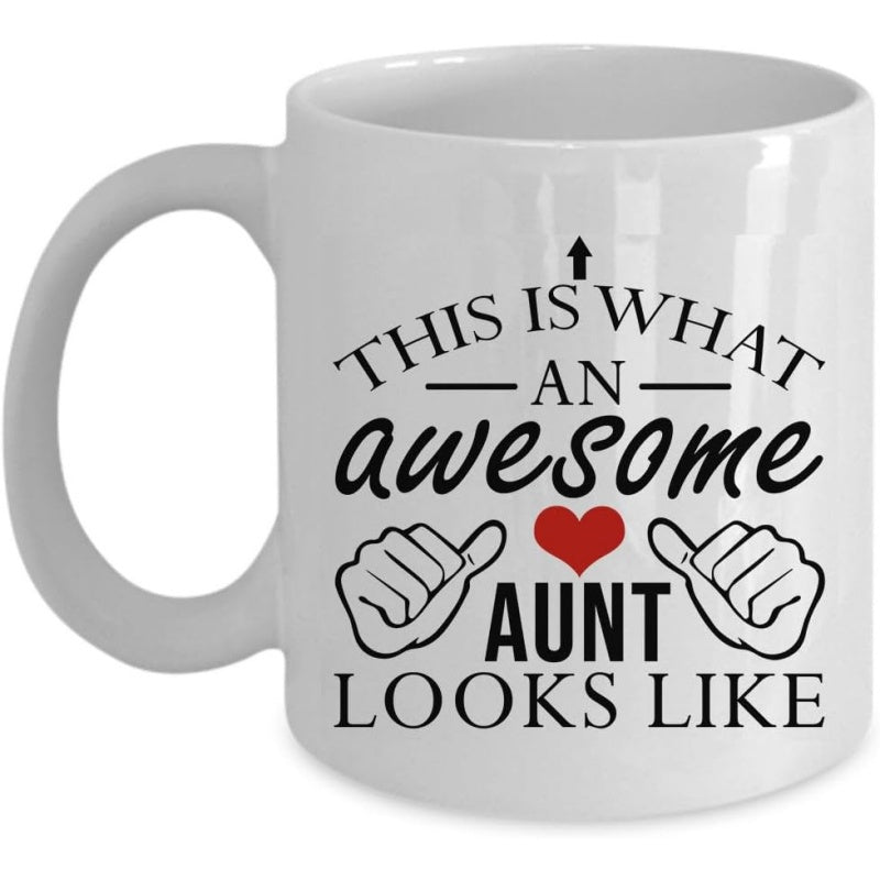 Tailorly White Ceramic 11 oz Mug - This Is What An Awesome Aunt Looks Like Pointing Hands With A Red Heart And Upward Pointing Arrow Aunt