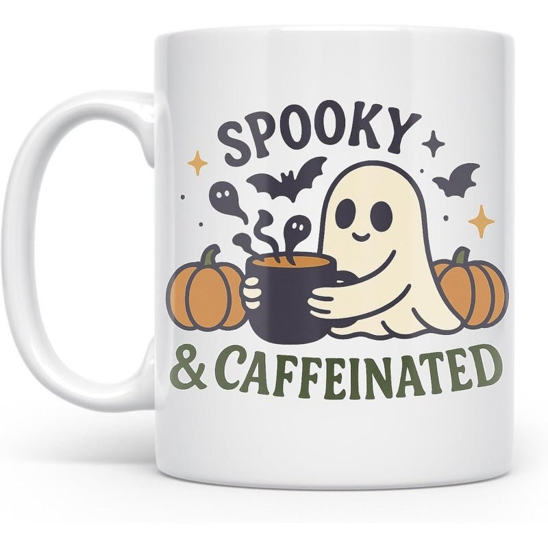 Tailorly White Ceramic 11 oz Mug - Spooky Caffeinated Cute White Ghost Holding Hot Coffee Among Autumn Pumpkins Ghost