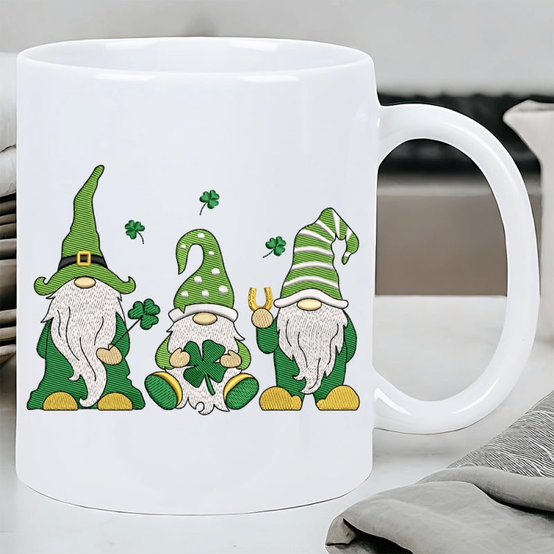 Tailorly White Ceramic 11 oz Mug - Three Festive Garden Gnomes Wearing Green Hats Among Floating Lucky Shamrocks Gnomes