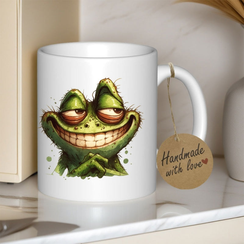 Tailorly White Ceramic 11 oz Mug - Handmade With Love Whimsical Grinning Green Amphibian With Large Eyes And Clasped Hands Frog