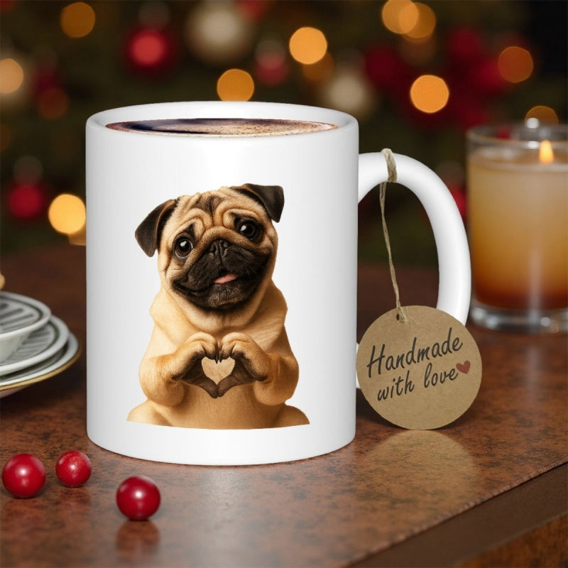 Tailorly White Ceramic 11 oz Mug - Handmade With Love Adorable Puppy Making Heart Symbol Using Paws Pug