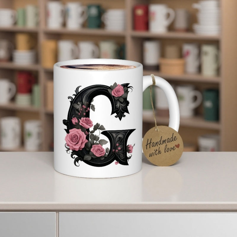Tailorly White Ceramic 11 oz Mug - Handmade With Love Elegant Black Gothic Letter G Decorated With Blooming Pink Garden Rose