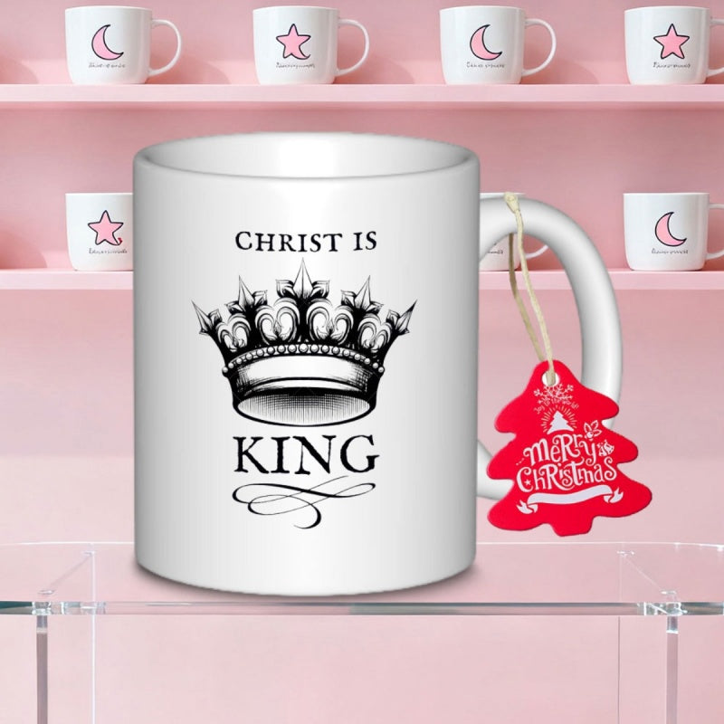 Tailorly White Ceramic 11 oz Mug - Christ Is King Merry Christmas Detailed Vintage Style Royal Crown With Elegant Black Lines And Intricate Patterns Crown