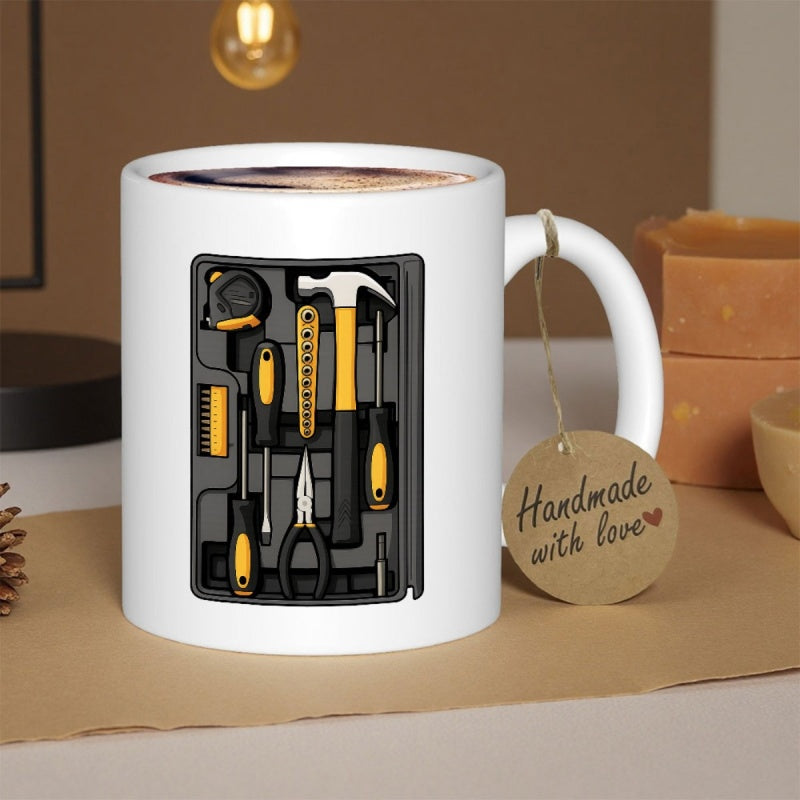 Tailorly White Ceramic 11 oz Mug - Industrial Yellow And Black Professional Tool Box Set Organized With Precision Hammer
