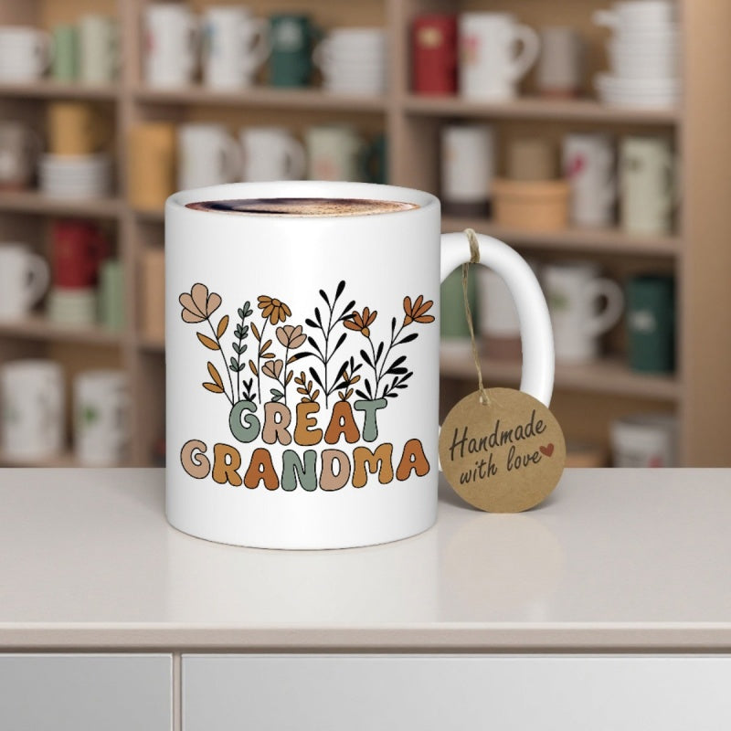 Tailorly White Ceramic 11 oz Mug - Great Grandma Earth Tones Retro Style Wildflowers Growing Among Delicate Botanical Flower