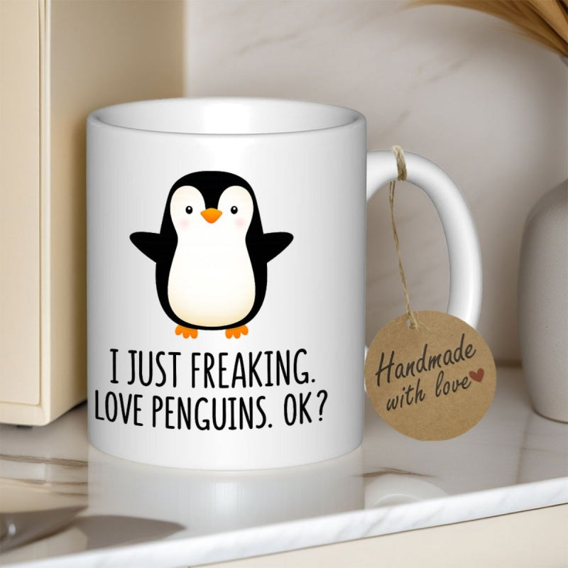 Tailorly White Ceramic 11 oz Mug - I Just Freaking Love Penguins OK Cute Minimalist Cartoon Bird Standing With Small Wings Spread Penguin