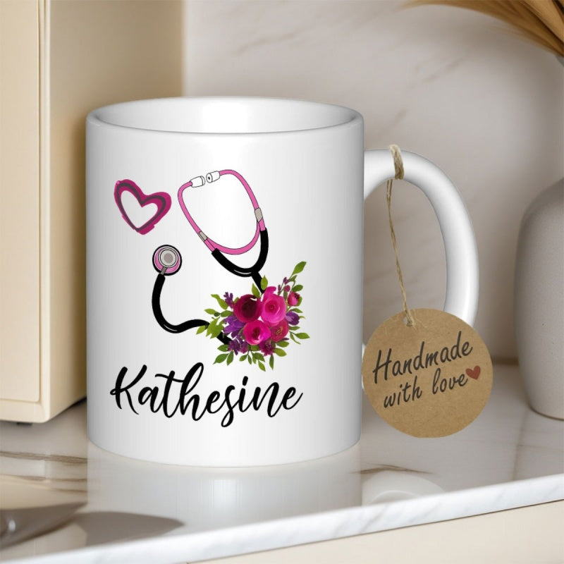 Tailorly White Ceramic 11 oz Mug - Kathesine Pink Heart And Blooming Flowers Wrapped Around A Professional Stethoscope