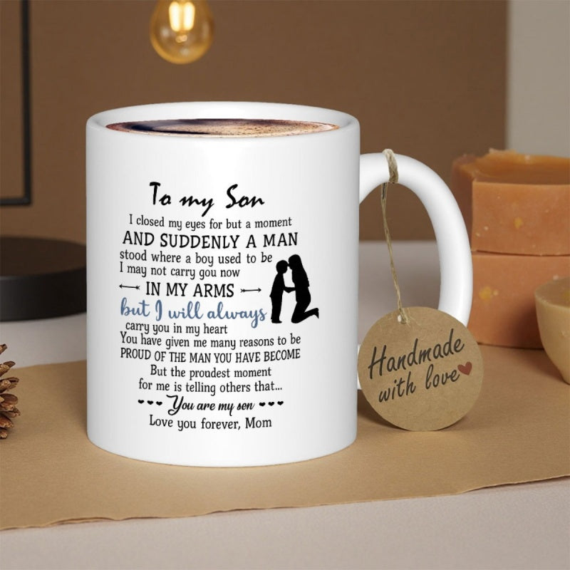 Tailorly White Ceramic 11 oz Mug - To My Son Love You Forever Mom Silhouette Of A Mother Holding Hands With Her Young Son Mug