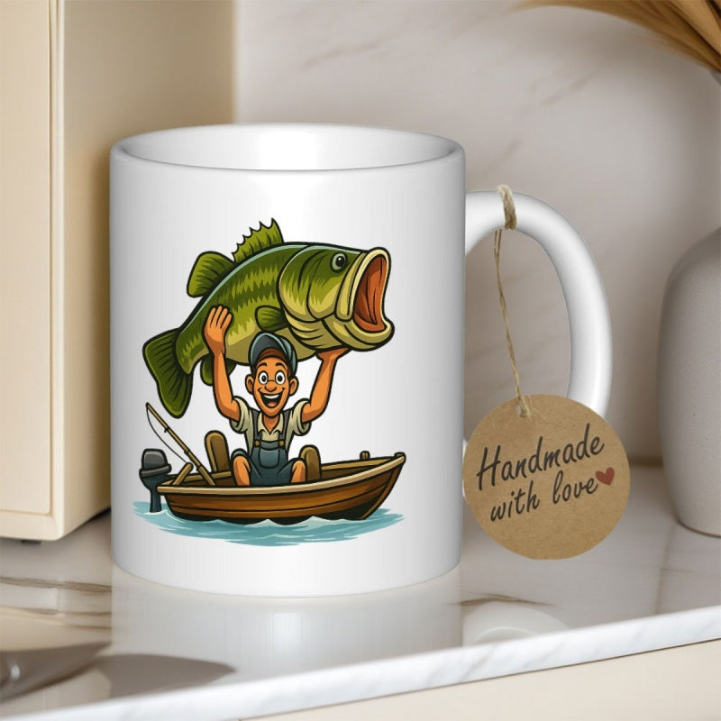 Tailorly White Ceramic 11 oz Mug - Excited Fisherman On Small Boat Lifting A Massive Green Largemouth Bass