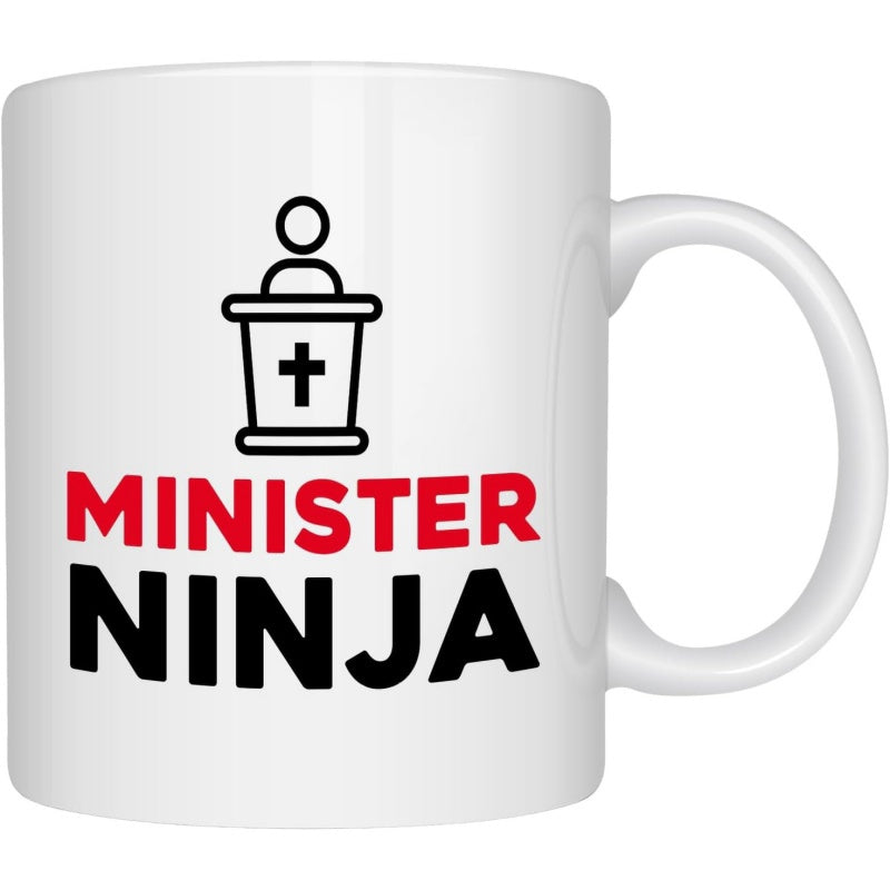 Tailorly White Ceramic 11 oz Mug - Minister Ninja Minimalist Religious Icon At A Podium With Cross Logo