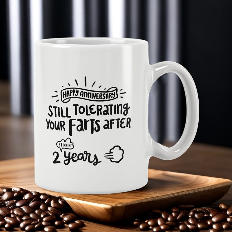 Tailorly White Ceramic 11 oz Mug - Happy Anniversary Still Tolerating Your Farts After 2 Years Minimalist Hand Drawn Illustration Featuring Small Fart Cloud And