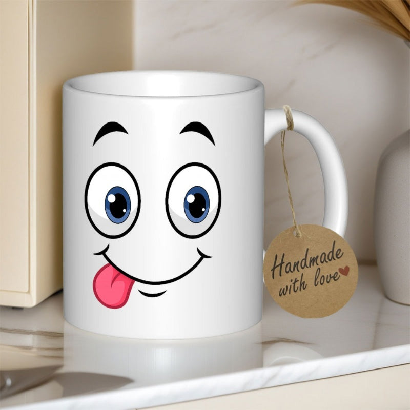 Tailorly White Ceramic 11 oz Mug - Handmade With Love Playful Silly Expression With Big Blue Eyes And Pink Stuck Out Tongue Face