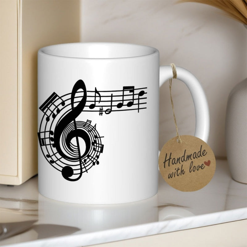 Tailorly White Ceramic 11 oz Mug - Graceful Black Musical Notes Flowing Across A Whimsical Swirling Staff Treble Clef