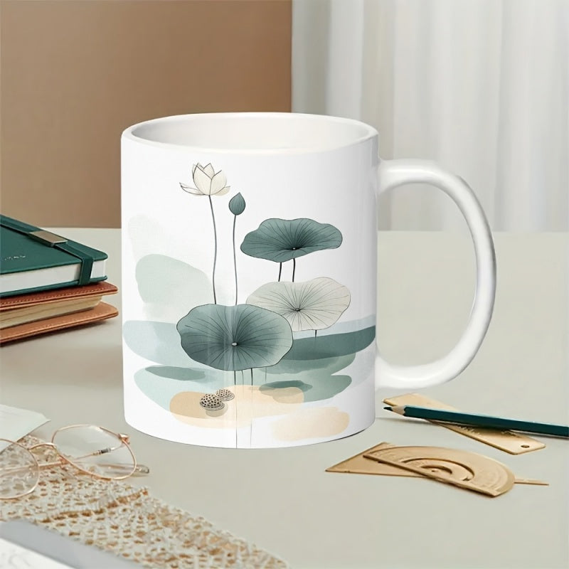 Tailorly White Ceramic 11 oz Mug - Elegant Ink Style Green Leaves Floating Gracefully In Serene Pond Lotus