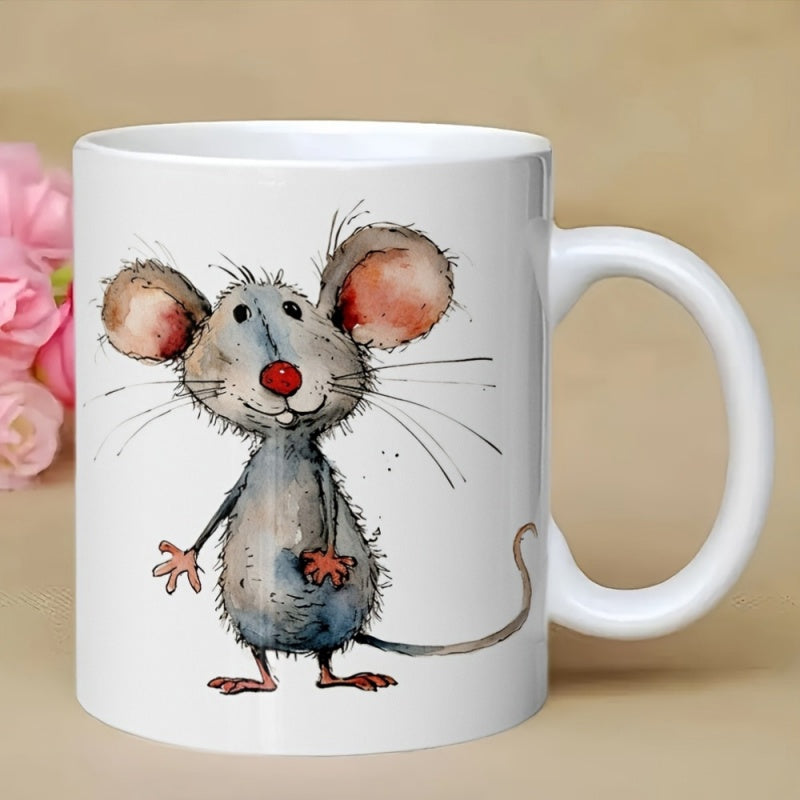 Tailorly White Ceramic 11 oz Mug - Charming Hand Drawn Watercolor Illustration With Large Ears And Red Nose Mouse
