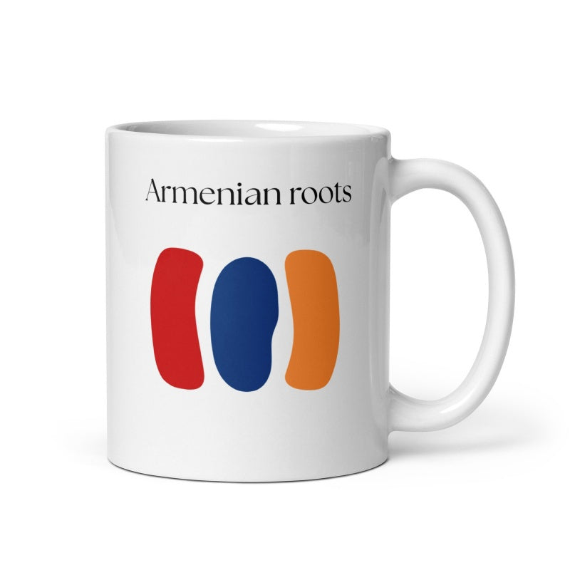 Tailorly White Ceramic 11 oz Mug - Armenian Roots Three Vertical Abstract Bean Shapes Representing National Flag Colors Graphic