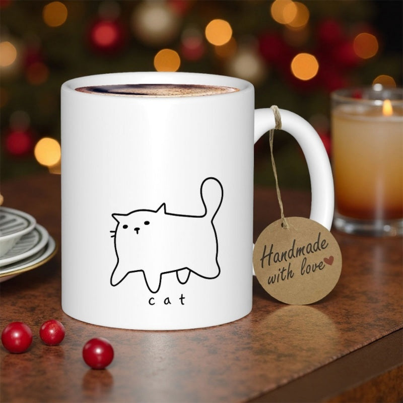 Tailorly White Ceramic 11 oz Mug - Cat Minimalist Black Line Drawing Of A Playful Chubby Cartoon Cat