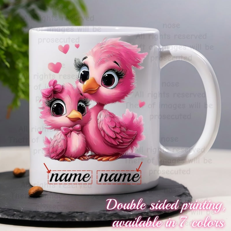 Tailorly White Ceramic 11 oz Mug - Name Two Cute Little Pink Birds With Large Eyes And Heart Icons Bird