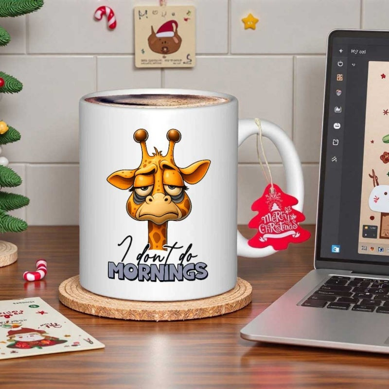 Tailorly White Ceramic 11 oz Mug - I Don't Do Mornings Tired Sleepy Cartoon Giraffe Featuring Drooping Eyelids And Long Spotted Neck Giraffe