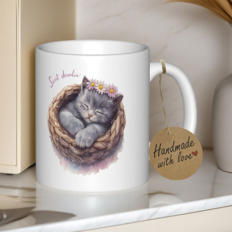 Tailorly White Ceramic 11 oz Mug - Sweet Dreams Adorable Gray Kitten Sleeping Peacefully In Woven Basket Cat