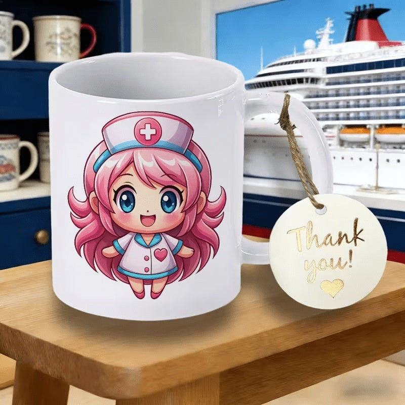 Tailorly White Ceramic 11 oz Mug - Thank You Adorable Chibi Girl With Pink Hair And Medical Uniform Nurse