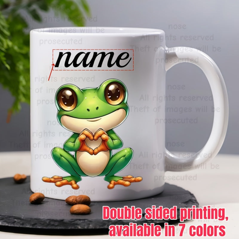 Tailorly White Ceramic 11 oz Mug - Name Adorable Little Green Creature Making Heart Shape With Tiny Hands Frog