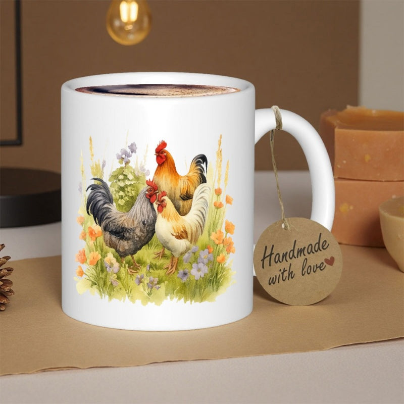 Tailorly White Ceramic 11 oz Mug - Handmade With Love Vibrant Watercolor Farm Animals Standing In A Lush Green Meadow Rooster