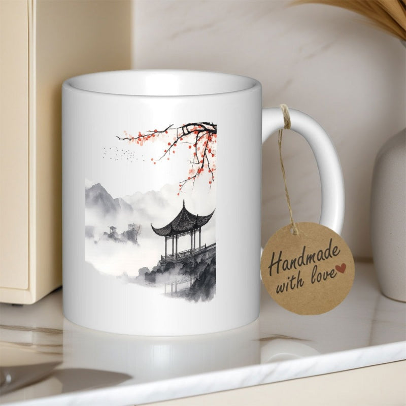 Tailorly White Ceramic 11 oz Mug - Traditional Ink Wash Painting Of Mountains And Cherry Blossoms Beside A Serene Zen Pavilion