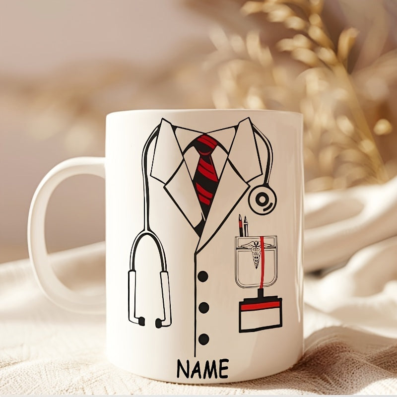 Tailorly White Ceramic 11 oz Mug - Name Professional White Medical Lab Coat With Red Striped Tie And Stethoscope Uniform