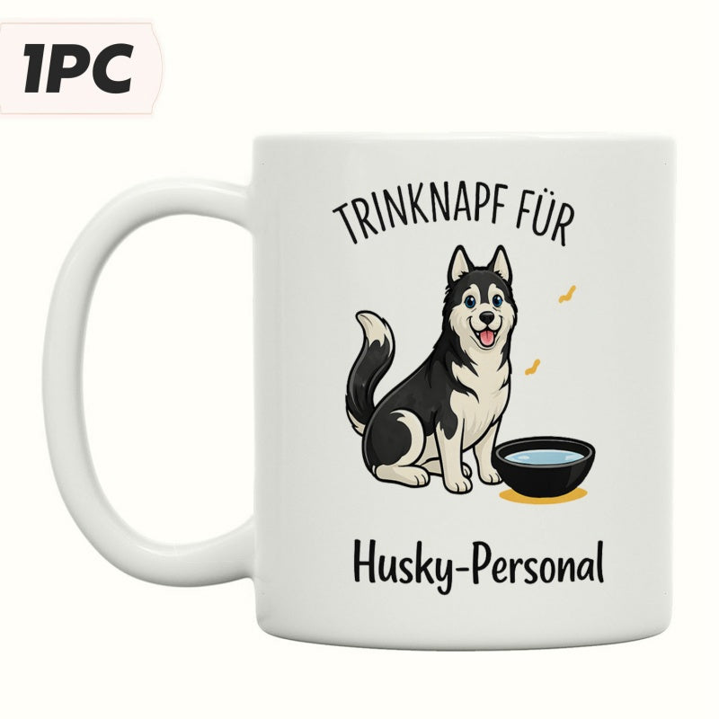 Tailorly White Ceramic 11 oz Mug - Husky Personal Adorable Black And White Cartoon Dog Sitting Beside Water Bowl Husky