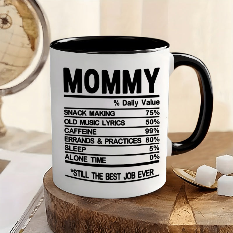 Tailorly Black Accent 11 oz Mug - mommy daily routine percentage chart with snack making， laundry， sleep， dishwasher icons and text