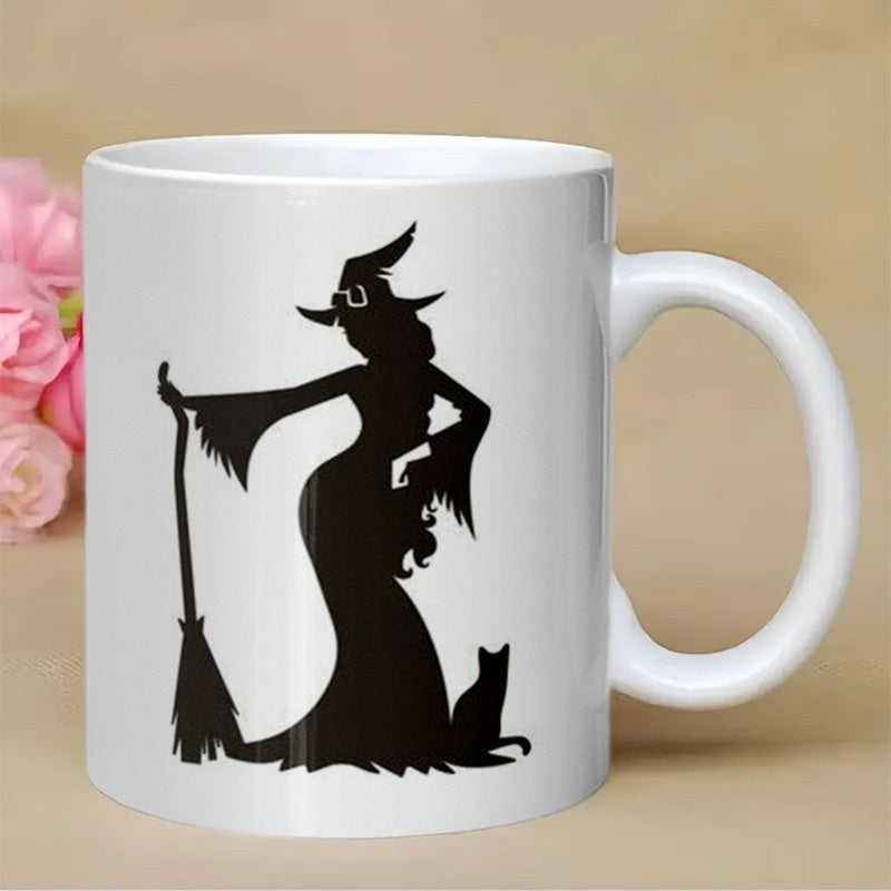 Tailorly White Ceramic 11 oz Mug - Mystical Silhouette Standing With Broomstick Beside A Small Sitting Black Witch